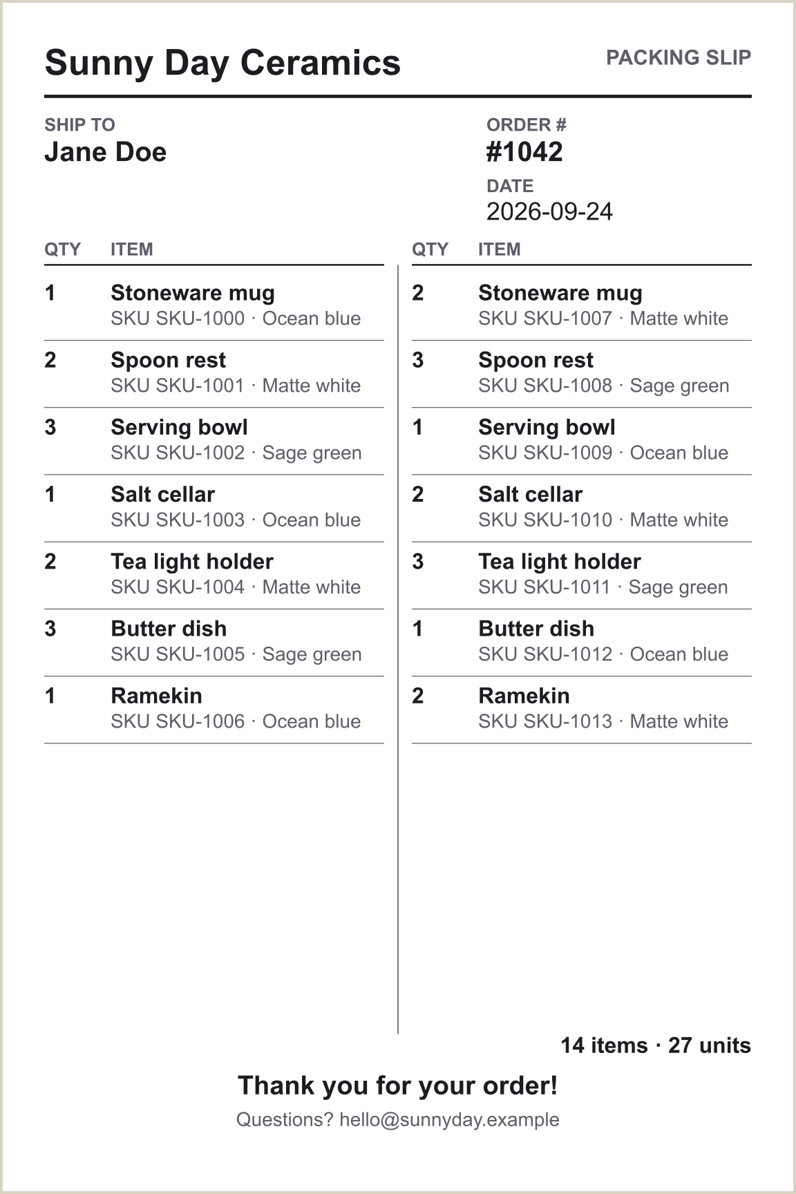 Example 4x6 packing slip with 14 items shown in two balanced columns on a single page, with a total item and unit count